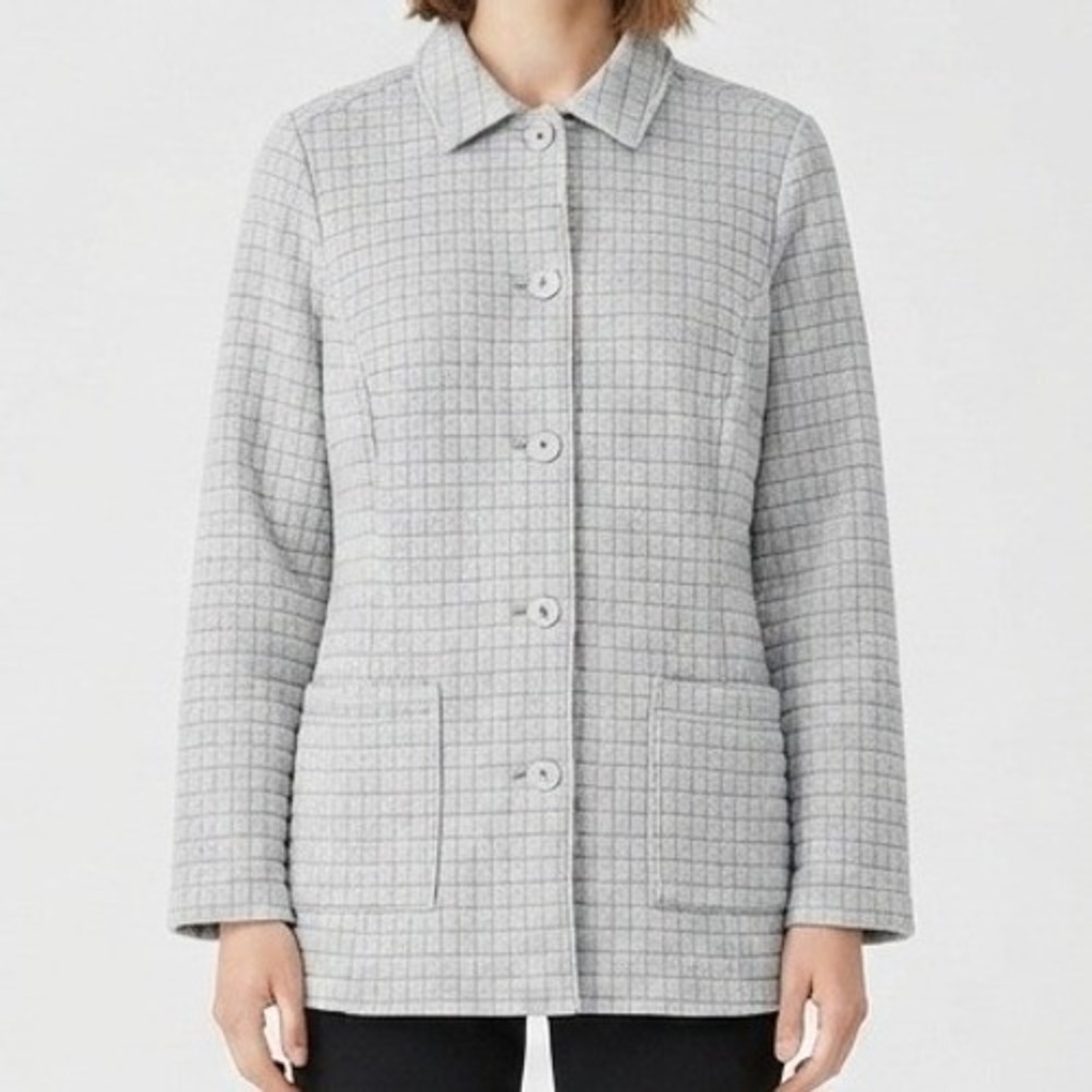 Chico's Quilted Jacket Womens Size 2 Large Grey Grid Button Down Soft Coat